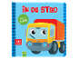 Kinderboek met flappen, 'In de stad', met een vrachtwagen in de hoofdrol.