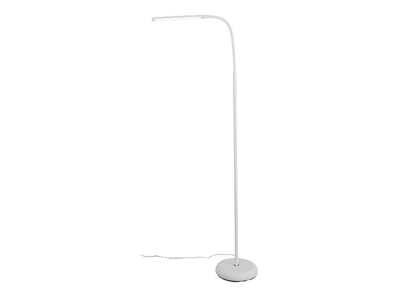 Witte staande lamp met gebogen arm.