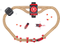 Houten brandweer-treinset met een trein, helikopter en brandweerwagen.
