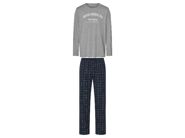Lange mouwen pyjama met grijs shirt en blauw geruite broek.