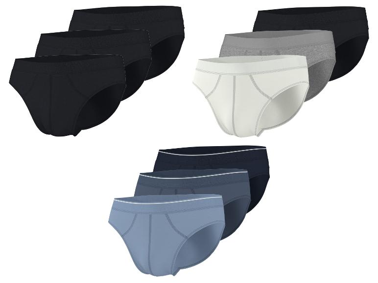 Verpakking van 9 heren katoenen slips in zwart, grijs en blauw.