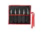 Set van vijf verschillende tangen in een zwart-rode gereedschapsrol.