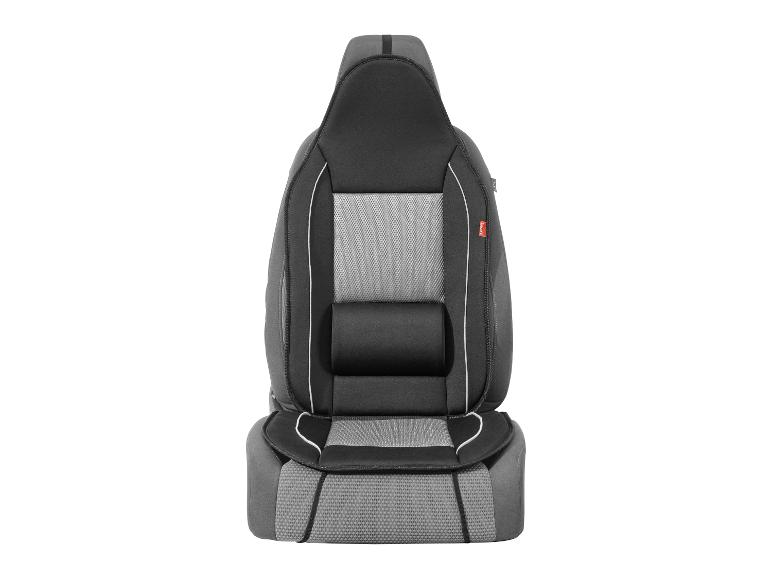 Enkele autostoelhoes in grijs en zwart met witte details.