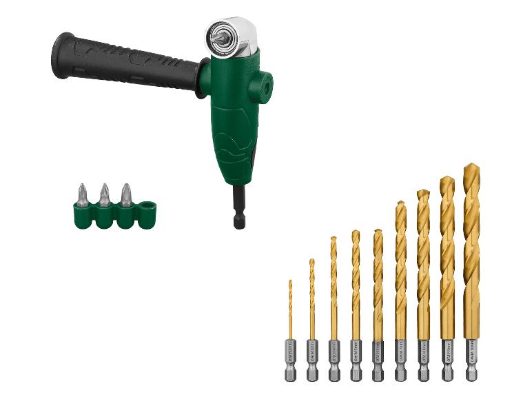 Een groene recht hoek booropzetstuk met verschillende boren en schroevendraaierbits.