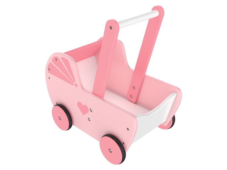 Een roze houten speelgoed kinderwagen met hartjes.
