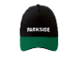 Een zwarte baseballpet met een groene klep, met de tekst 'PARKSIDE'.