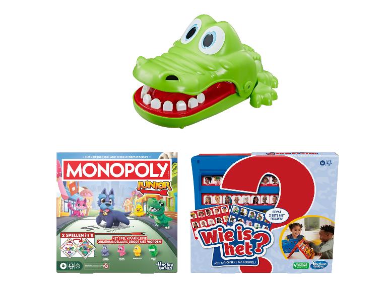 Klassieke Hasbro kinderspellen: Krokodil met kiespijn, Monopoly Junior en Wie is het.