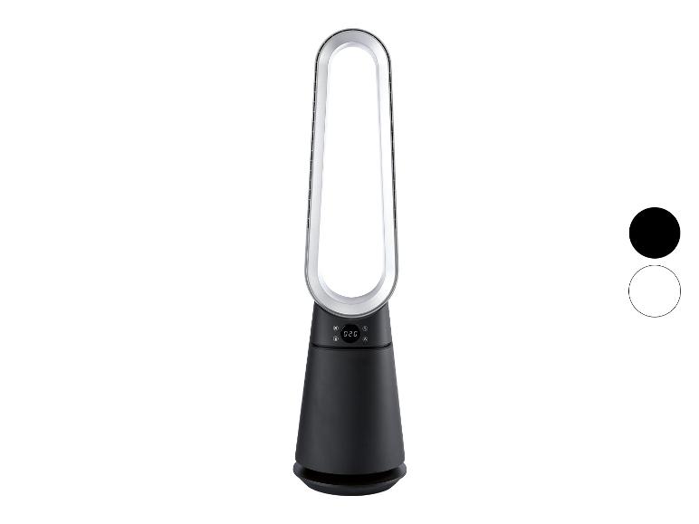 Zwart-zilveren bladeloze torenventilator met digitaal display, met zwarte en witte kleuropties.