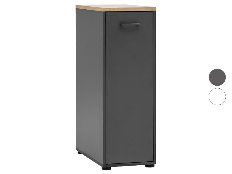 Grijze smalle kast met houten blad