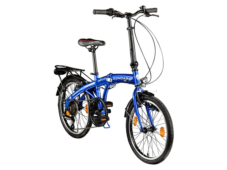 Een blauwe Zündapp vouwfiets met een bagagedrager.