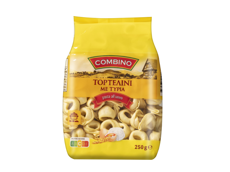 Pakje kaastortellini, met Nutri-Score A en een kooktijd van 14-16 minuten.