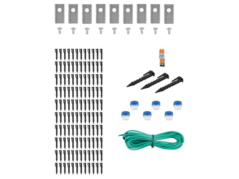 Robotmaaier accessoirekit met messen, schroeven, pinnen, connectoren en kabel.