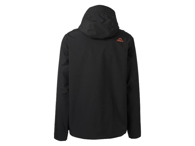 Zwarte jas met capuchon, met oranje logo op de rug.