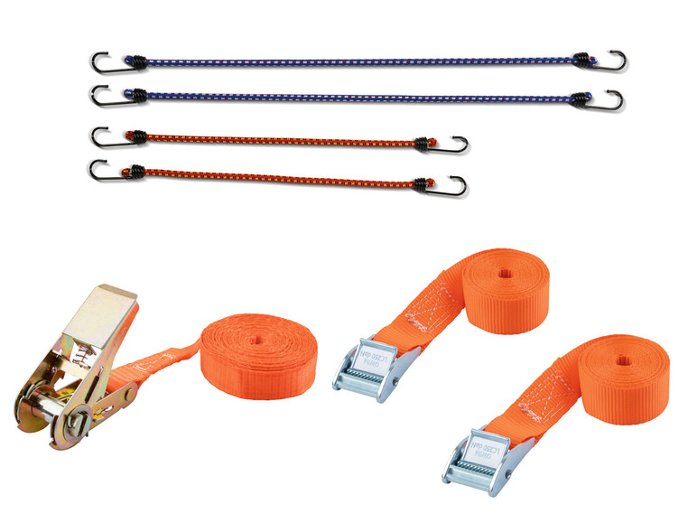 Twee oranje ratelspanbanden en vier elastieken met haken