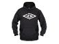 Een zwarte hoodie met een wit embleem van Umbro.