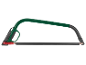 Groene beugelzaag met zwart handvat en rode bladspanner.