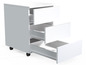 Een wit bureau met drie laden op wielen
