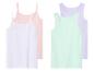 Een set van vier basic tanktops in wit, roze, lichtgroen en lila.