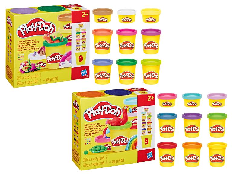 Twee Play-Doh 9-packs, één met een tuinthema en één met een regenboogthema.