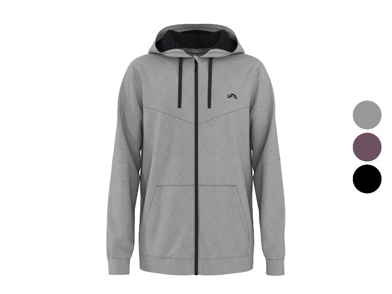 Grijze heren hoodie met rits, zwarte details en kleurstalen.