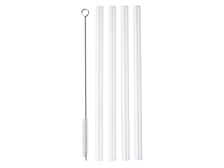 Drie glazen rietjes met reinigingsborstel.