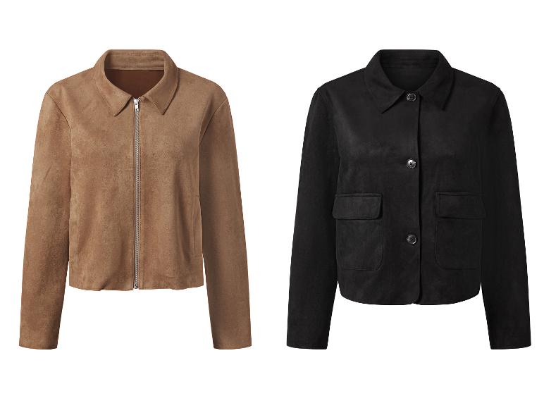 Twee korte suède jassen: beige met rits en zwart met knopen.
