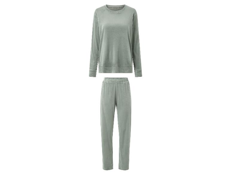 Zachte velours loungewear set in saliegroen, inclusief een top met lange mouwen en een broek.