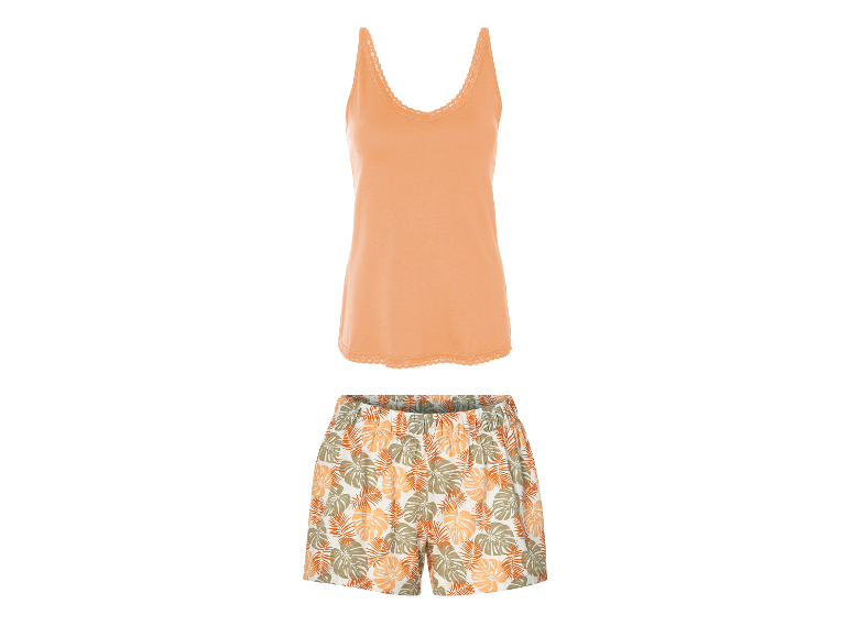 Vrouwelijke pyjama: oranje top en shorts met tropisch motief.