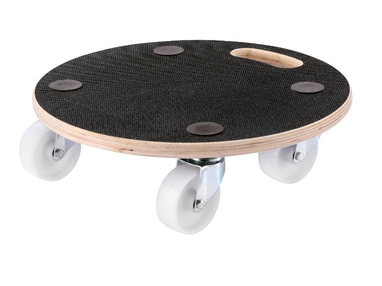 Een ronde houten meubelroller met een zwart antislipoppervlak en vier witte zwenkwielen.