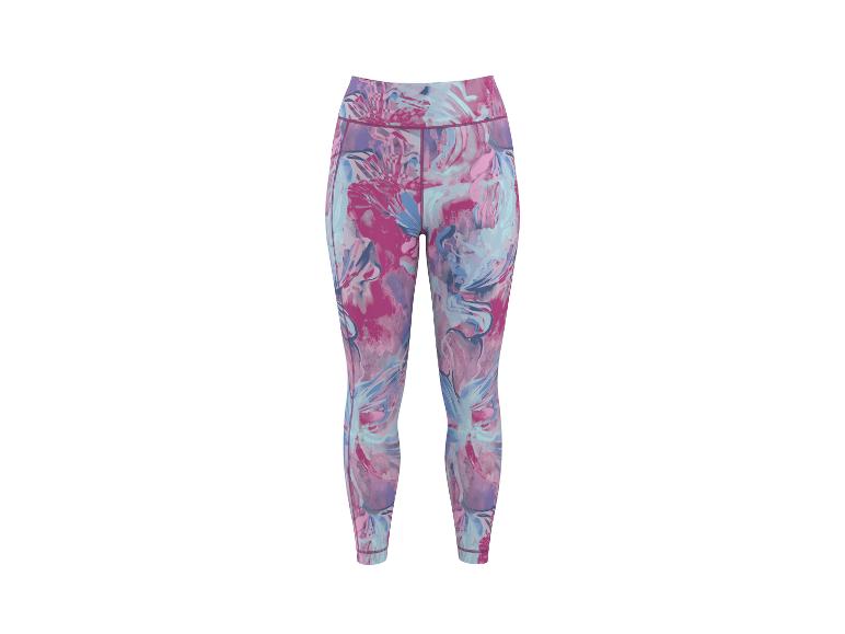 Dames sportlegging met abstract bloemenpatroon in roze en blauwe tinten.