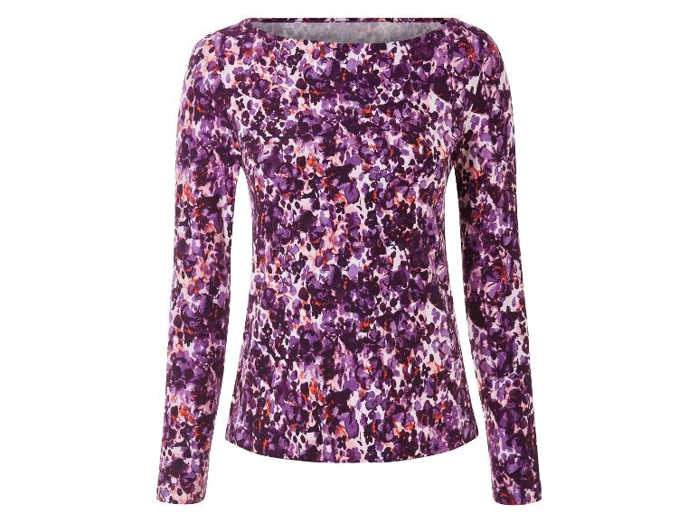 Een roze en paarse longsleeve met bloemenprint.