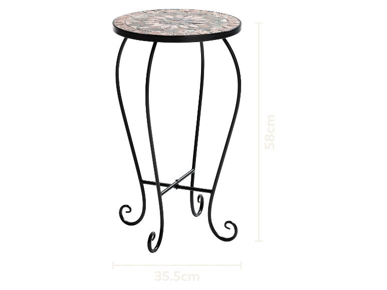 Mozaïek bijzettafel met zwart metalen frame, 58 cm hoog en 35,5 cm breed.