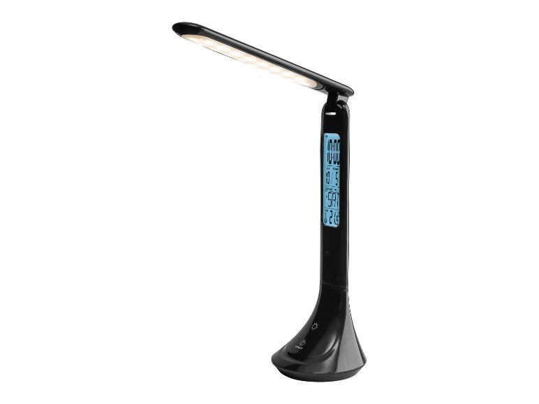 LED bureaulamp met ingebouwde klok en thermometer.
