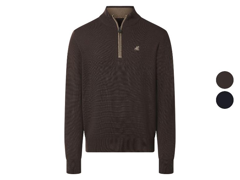 Bruine gebreide trui met rits en opstaande kraag, met geborduurd logo.