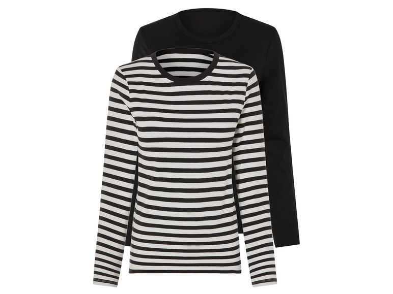 Twee longsleeve shirts, één met zwarte strepen en één effen zwart.