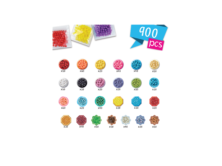 900 kralen in verschillende kleuren en vormen, waaronder ronde en stervormige kralen.