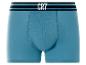Blauwe boxershort met gestreepte elastische tailleband en witte tekst