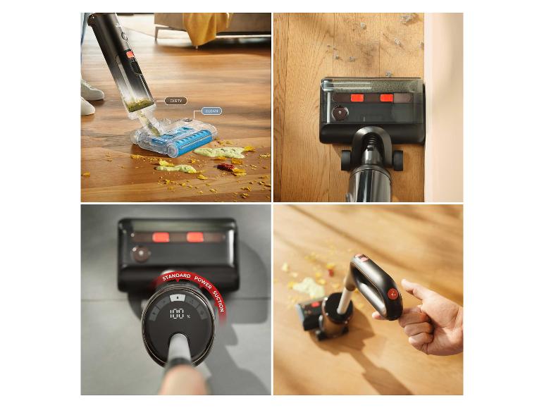 Vileda nat- en droogzuiger in gebruik, toont het reinigen van gemorste vloeistoffen en stof.