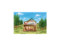 Boomhut met dierenfiguren, omringd door bomen en bloemen.