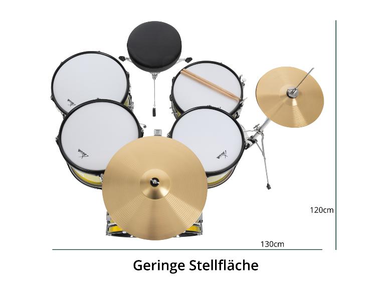 Geel drumstel met zwarte kruk en afmetingen van 130x120cm.