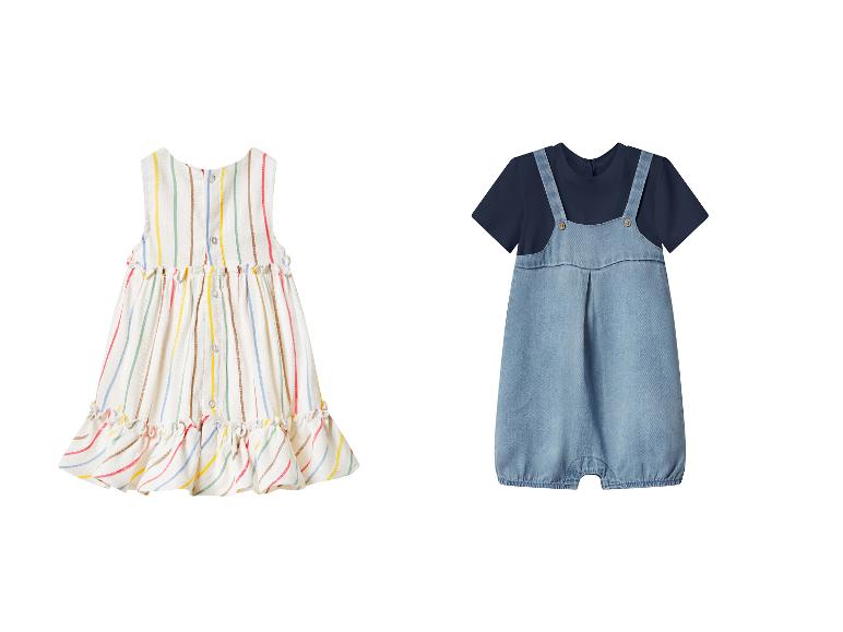 Gestreepte jurk in kleur en denim tuinbroek met blauw T-shirt voor baby's.