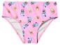 Roze zwembroekje met blauwe en oranje cartoonfigurenprint.