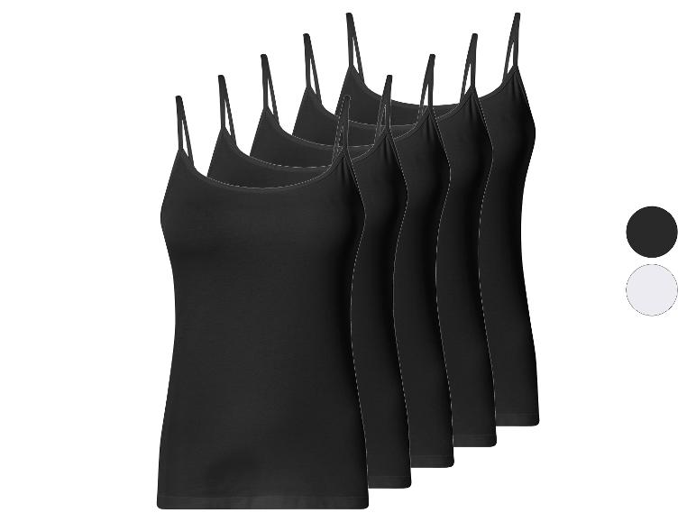 Zes zwarte spaghettibandjes tops met dunne bandjes en twee kleurstalen.