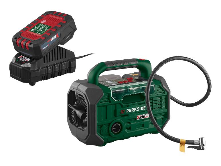 Accu-luchtcompressor met oplader en batterij.