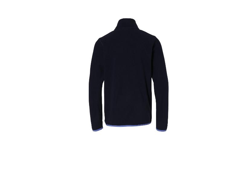 Donkerblauwe fleecejas met lichtblauwe bies.
