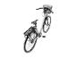 Grijze elektrische fiets met zwarte voormand en bagagedrager.