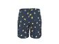 Blauwe zwemshort met citroen- en bladpatroon.