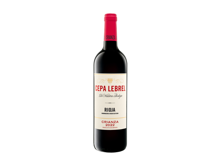 Fles rode wijn met rode folie en wit etiket met de tekst 