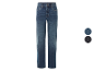 High-waisted jeans in donkerblauw en zwart.