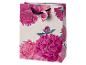Cadeautas met roze pioenroosprint en een zwart lint.